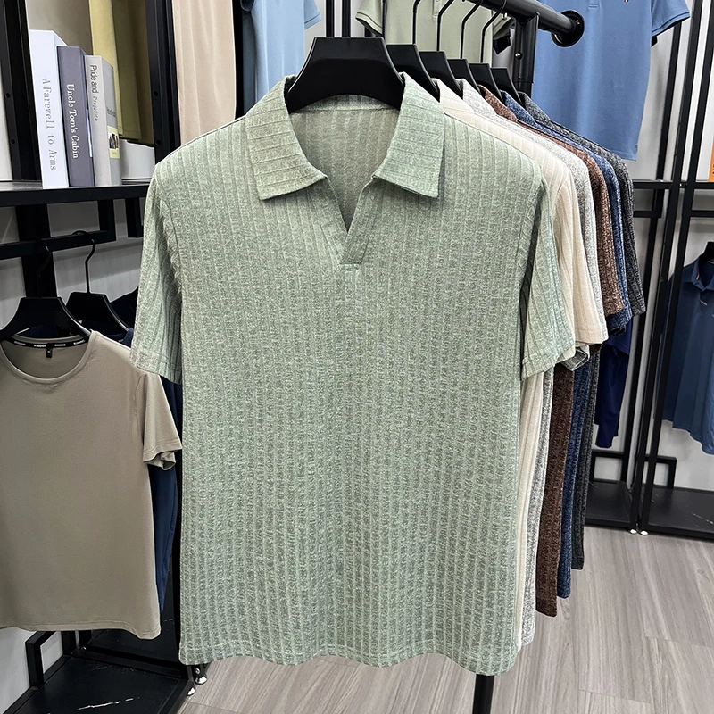 Herren Atmungsaktives Strick-Poloshirt Kurzarm V-Ausschnitt Gestreifter Stoff Bequem Leichtgewichtig Lässig Business Tägliche Kleidung – Detail 24