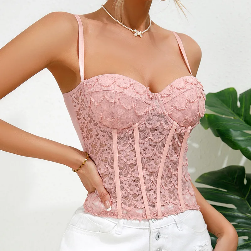 Women\'s Elegant Blouse Pink Corset Tops with Bra Lace Sleeveless T-shirt Halter Slim Lingerie Tank Top Spaghetti Strap Camisole