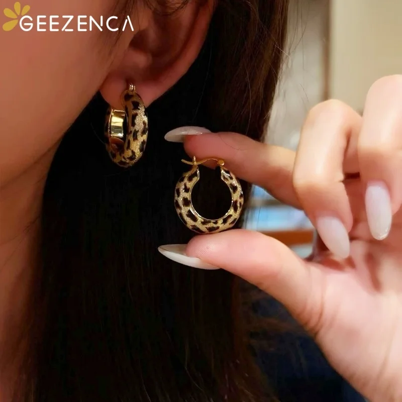 GEEZENCA S925 Silver Leopard Print Enamel Big Hoop Earrings For Women Gold Plated Trendy Dainty Statement Earring Luxury Gift