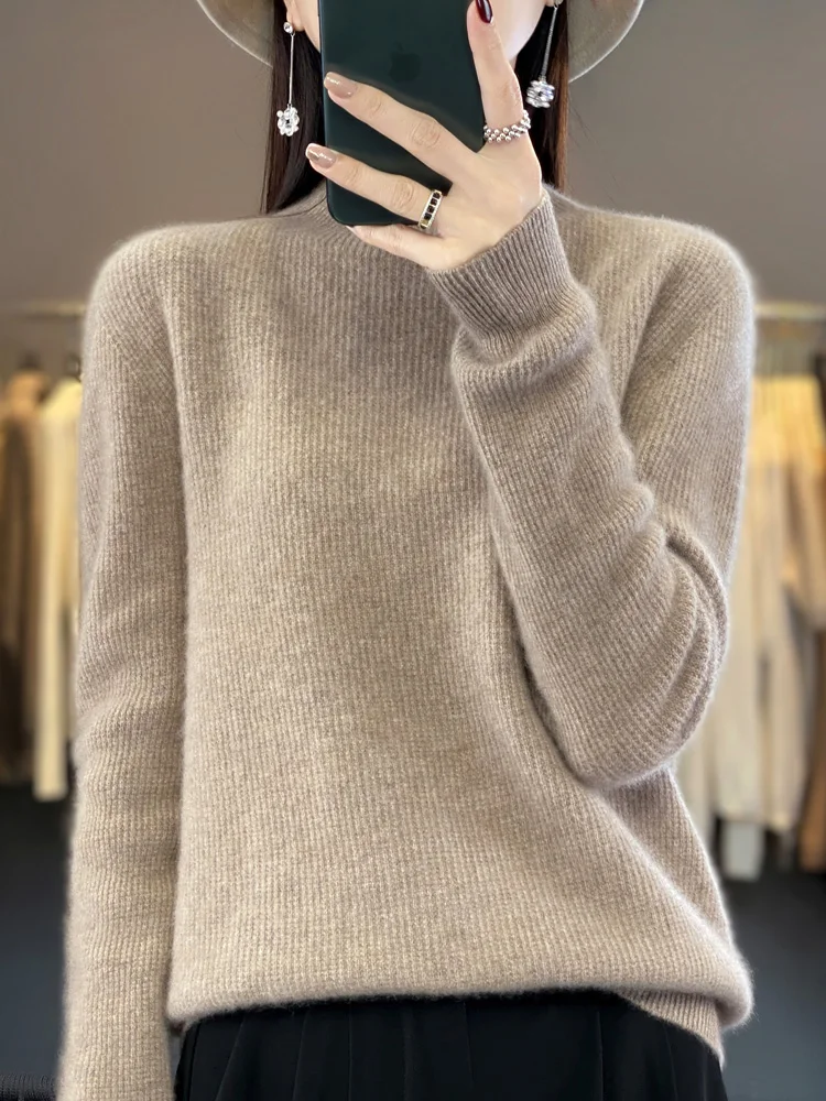 

Пуловер из 100% чистой шерсти, женский свитер с высоким воротником, повседневное свободное вязаное кашемировое пальто, осень-зима, базовое скобное мягкое комфортное пальто