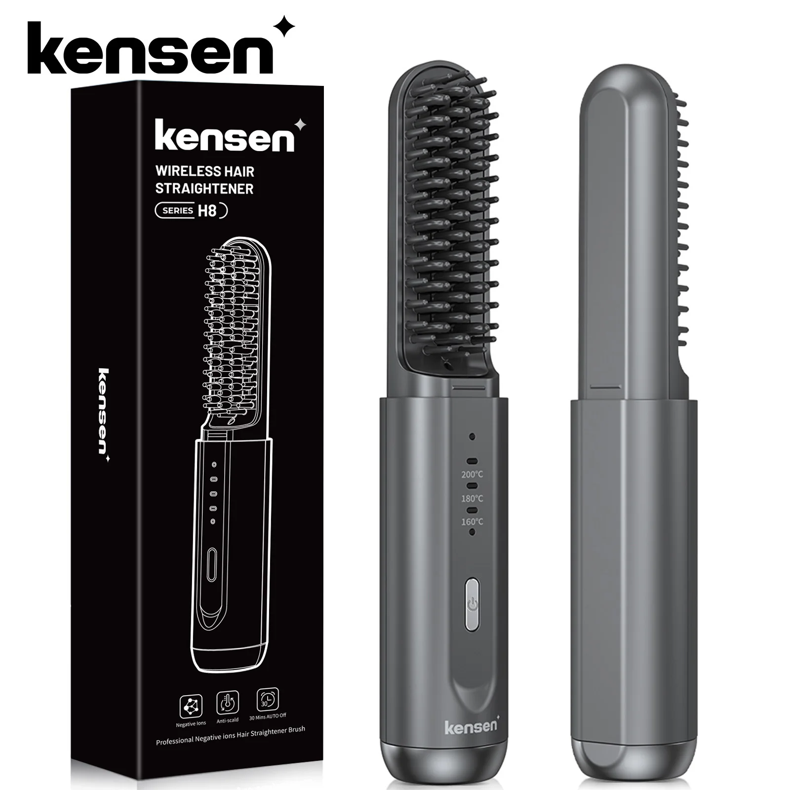 Kensen Hair Straightener Brush Negative Ion USB Rechargeable Wireless Fast Heat Straight Curly Hair Styling Comb for Men Women