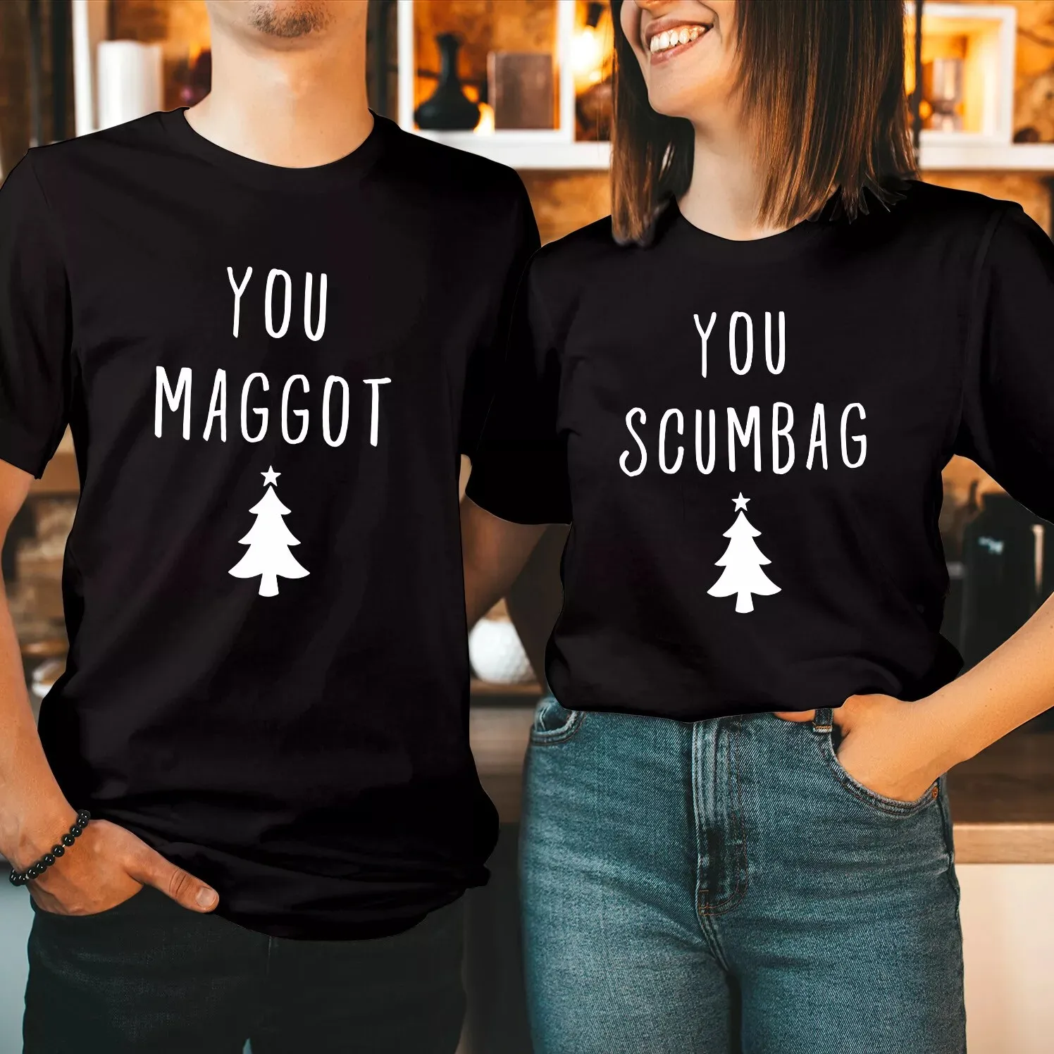 TSHIRT You MAGGOT SCUMBAG Couple Matching Christmas T-Shirt Xmas Family Holiday Light up Christmas season outfits with T-Shirts