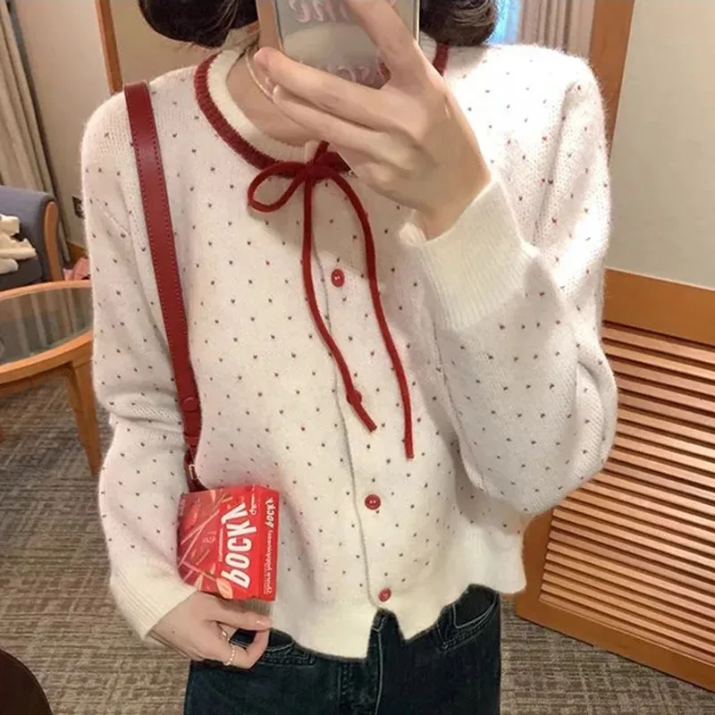 Sweet Cute Knitted Sweater Cardigan Women Korean Fashion New Love O Neck Knitted Jacket Autumn Winter Preppy Style Female Tops