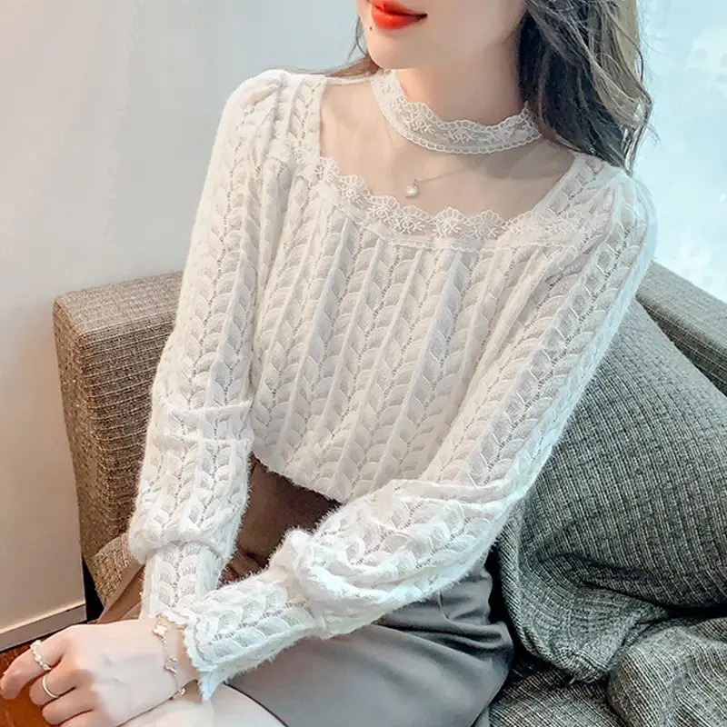 Sexy Gauze Hollow Out Lace Blouse Female Clothing Casual Half High Collar Basic Spring Autumn Stylish Commute Long Sleeve Shirt