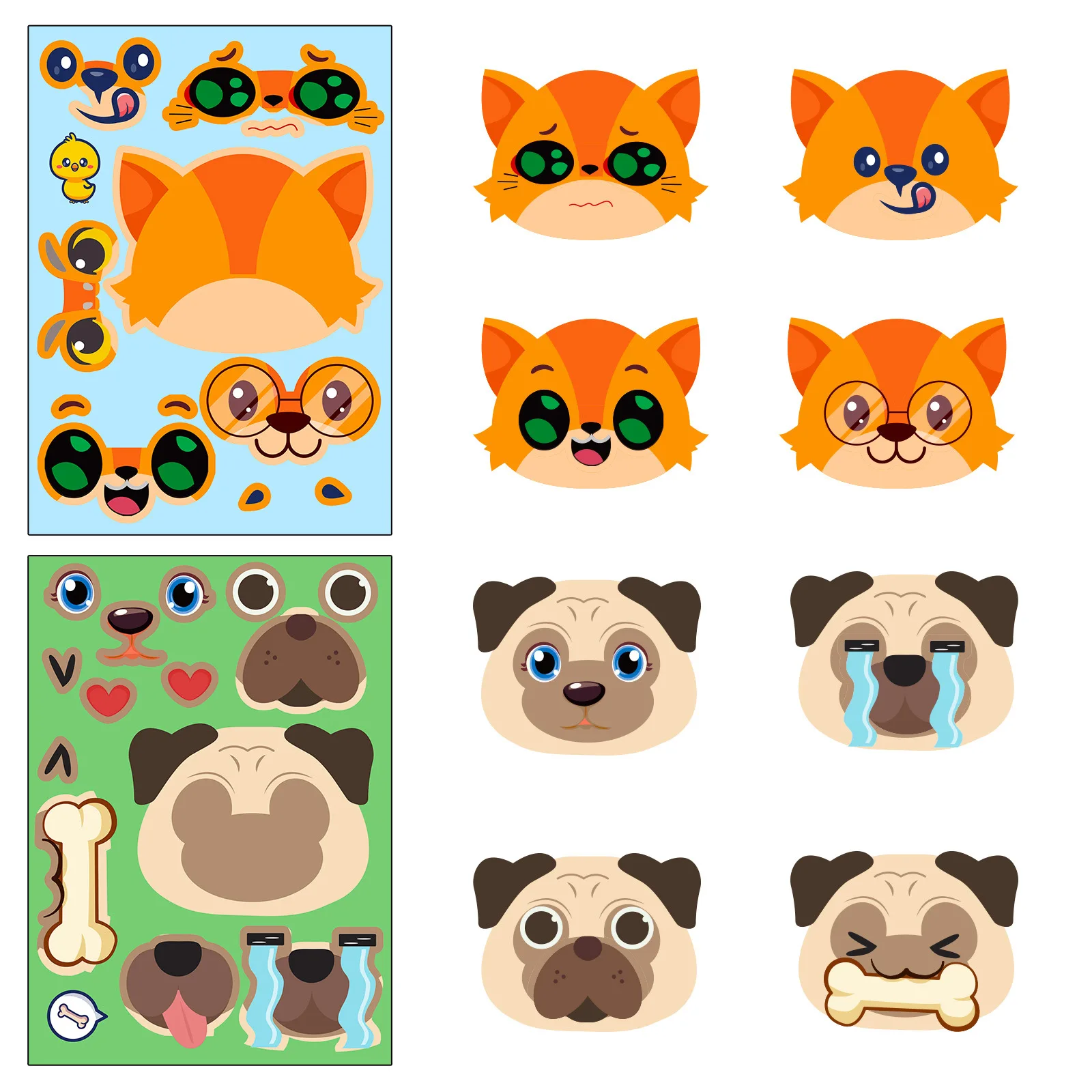 6 pcs cute cat and dog DIY puzzle stickers, funny face dressing, assembling puzzle stickers, children\'s puzzle toys