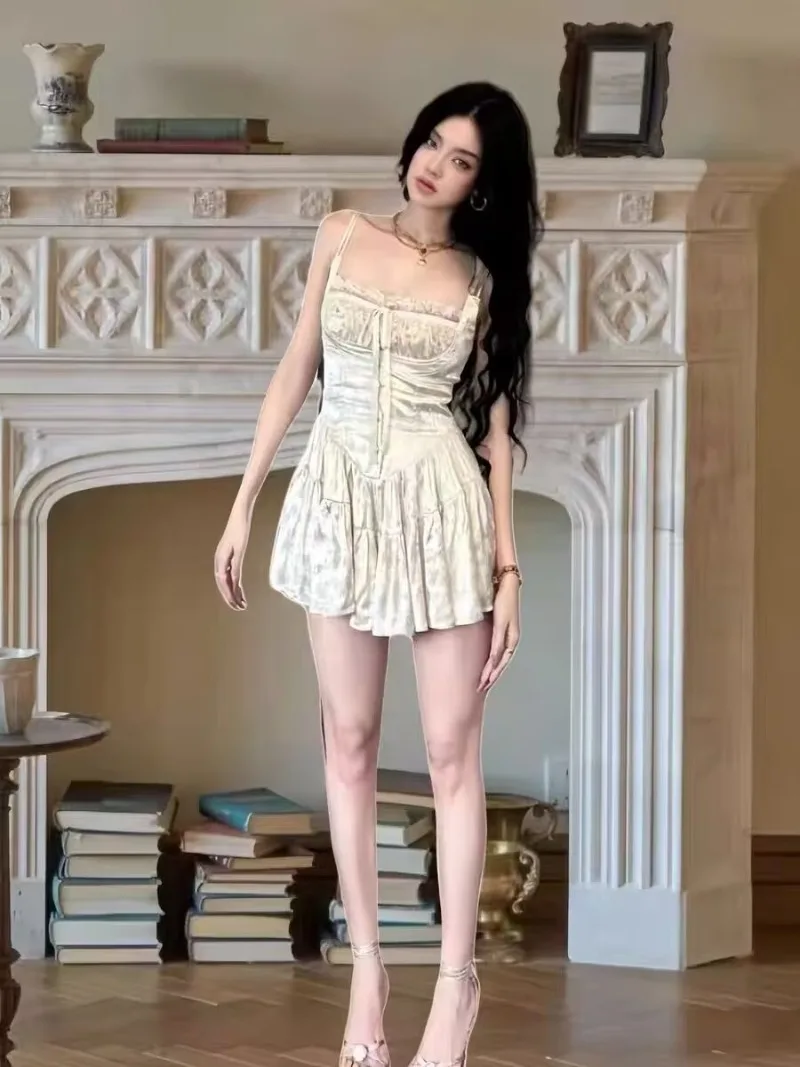 Mini abito estivo in raso Lolita retrò da donna Kawaii corsetto in pizzo floreale jacquard monopezzo Cami pagliaccetti data uscire abito sexy