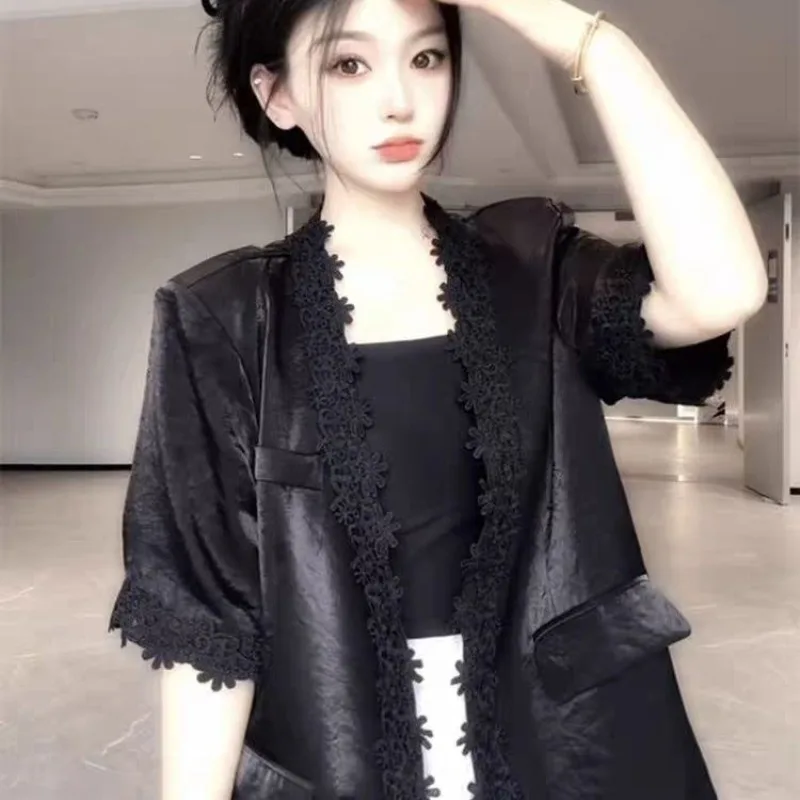 

Blouse Women's Summer Blazer Outerwear Korean Style Lace Piping Patchwork Drape Slimming New Casual Niche Versatile Distinctive