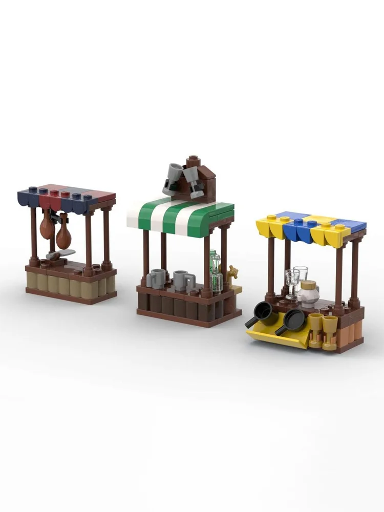 MOC building blocks toy - medieval town square market stall model set for creative assembly - a toy set as a holiday gift suitab