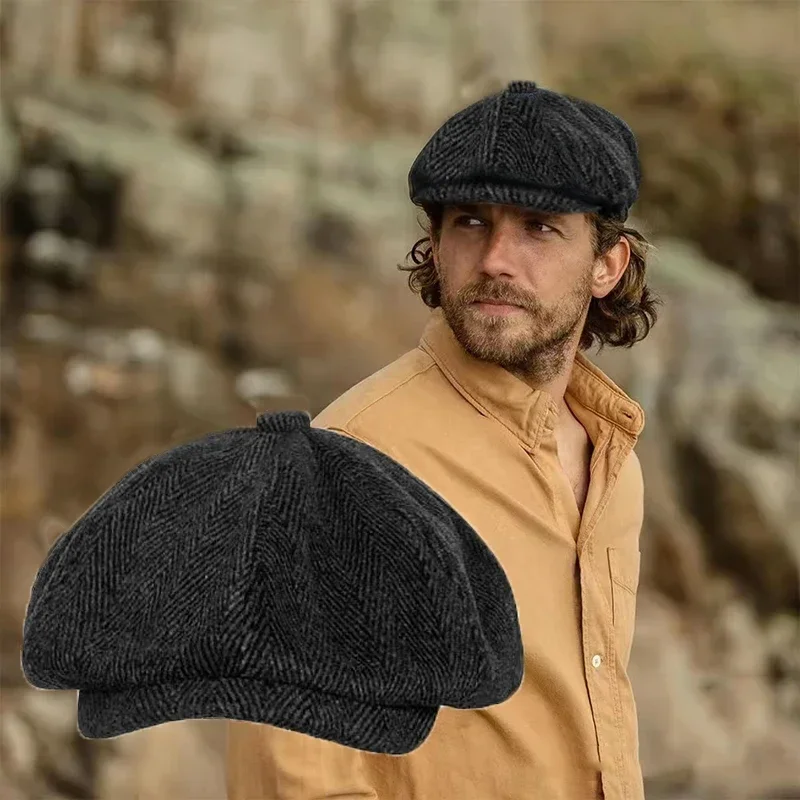 Woollen Herringbone Newsboy Cap Men Women British Gatsby Retro Hat Driver Flat Cap for Male Vintage Beret Hat NC55