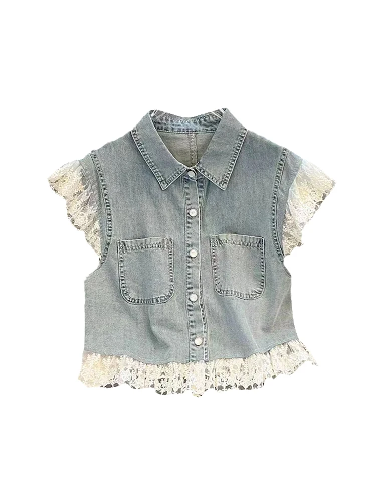

Korean Sle Lace Splicing Vest Women's Summer New Design Denim Jaet Layering Top Loose Fit ort Sve Collar