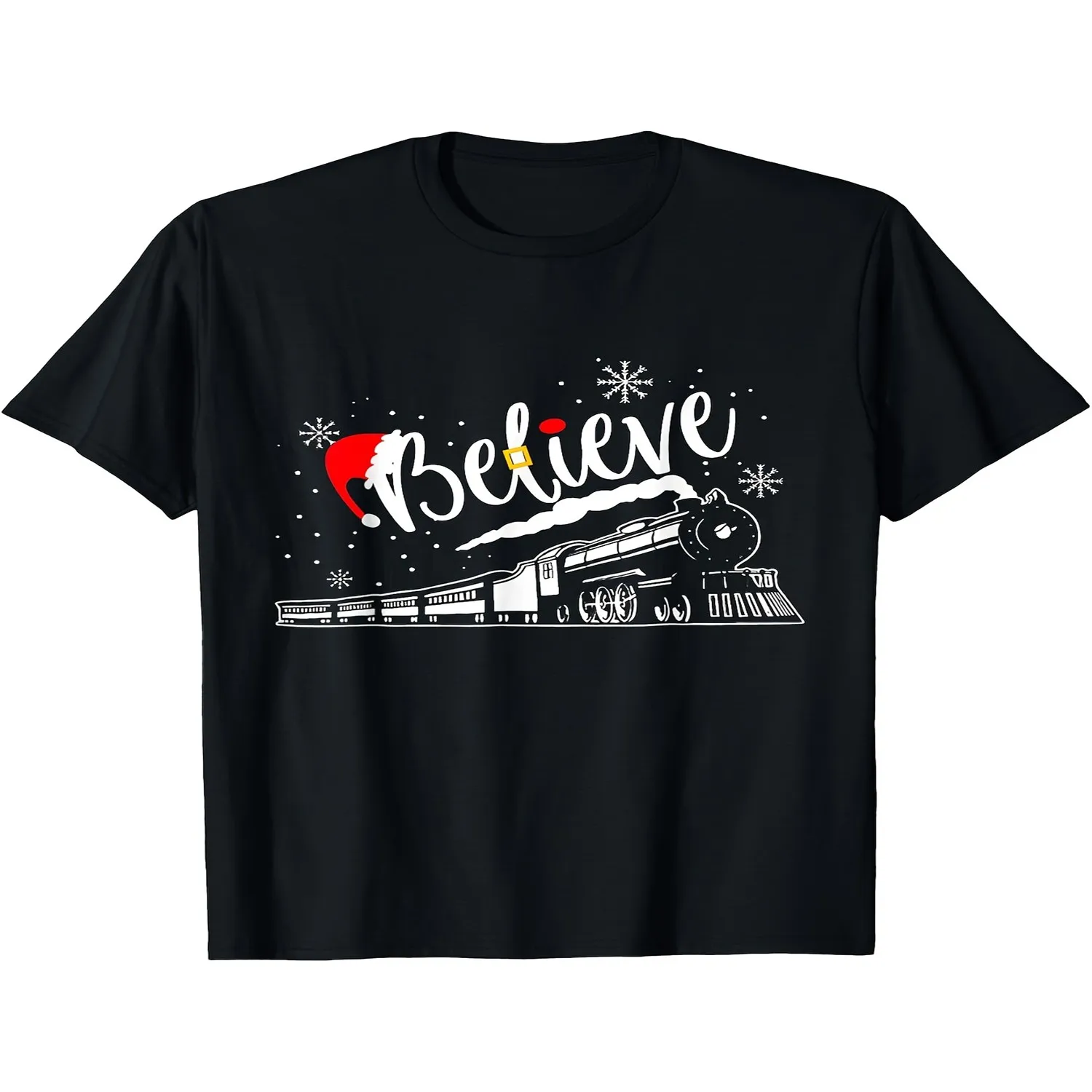 Men's Black T Shirt, Christmas Arctic Polar Express and Santa Claus Graphic, Believe Lettering, Holiday Graphic Tee for Christmas Parties, Family Gatherings, Casual Winter Outfits and Gifts Gift for him, Retro graphic tee