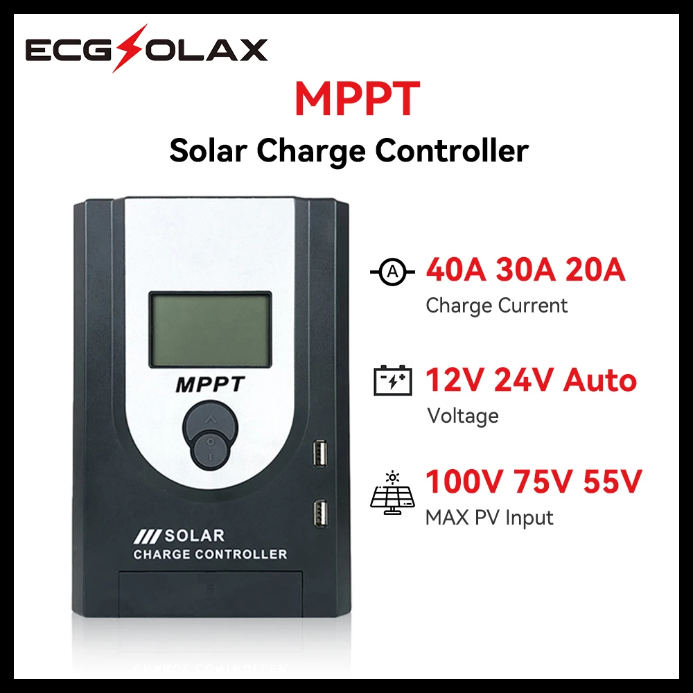 ECGSOLAX 40A MPPT Solar Charge Controller 12V 24V Auto 30A 20A LCD Display Solar Panel Regulator Micro Solar Power Controller