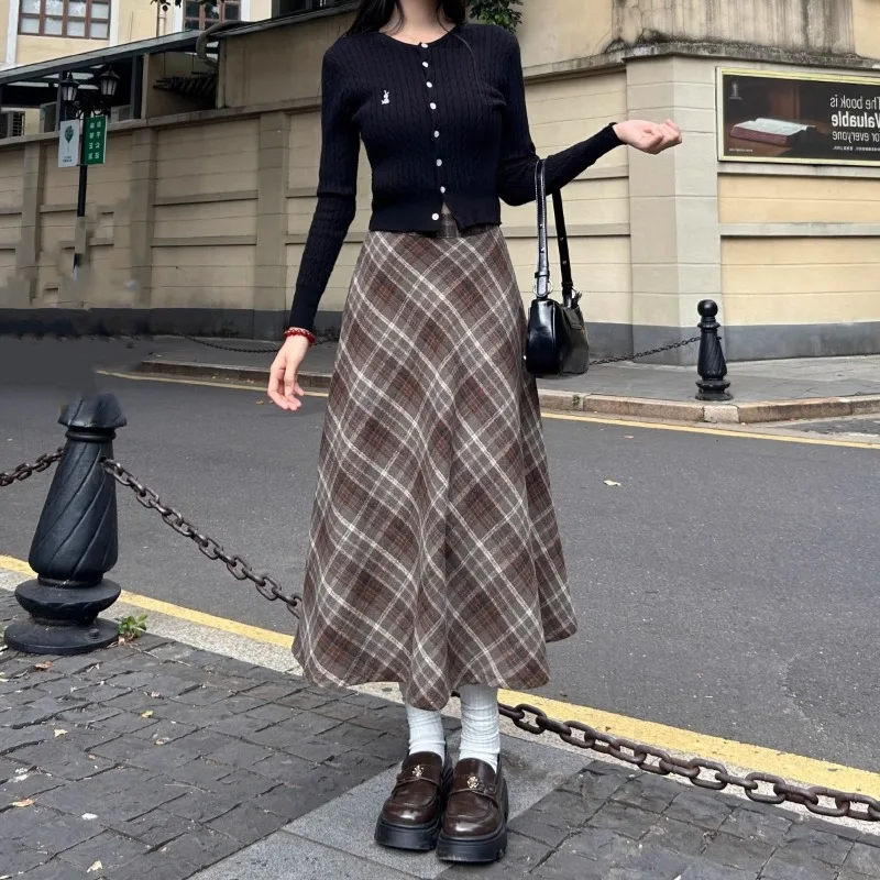 Retro Patchwork Plaid A-line Woolen Skirt High Waist Loose Thicken Mid-length Skirt Autumn New Casual Versatile Women's Clothes