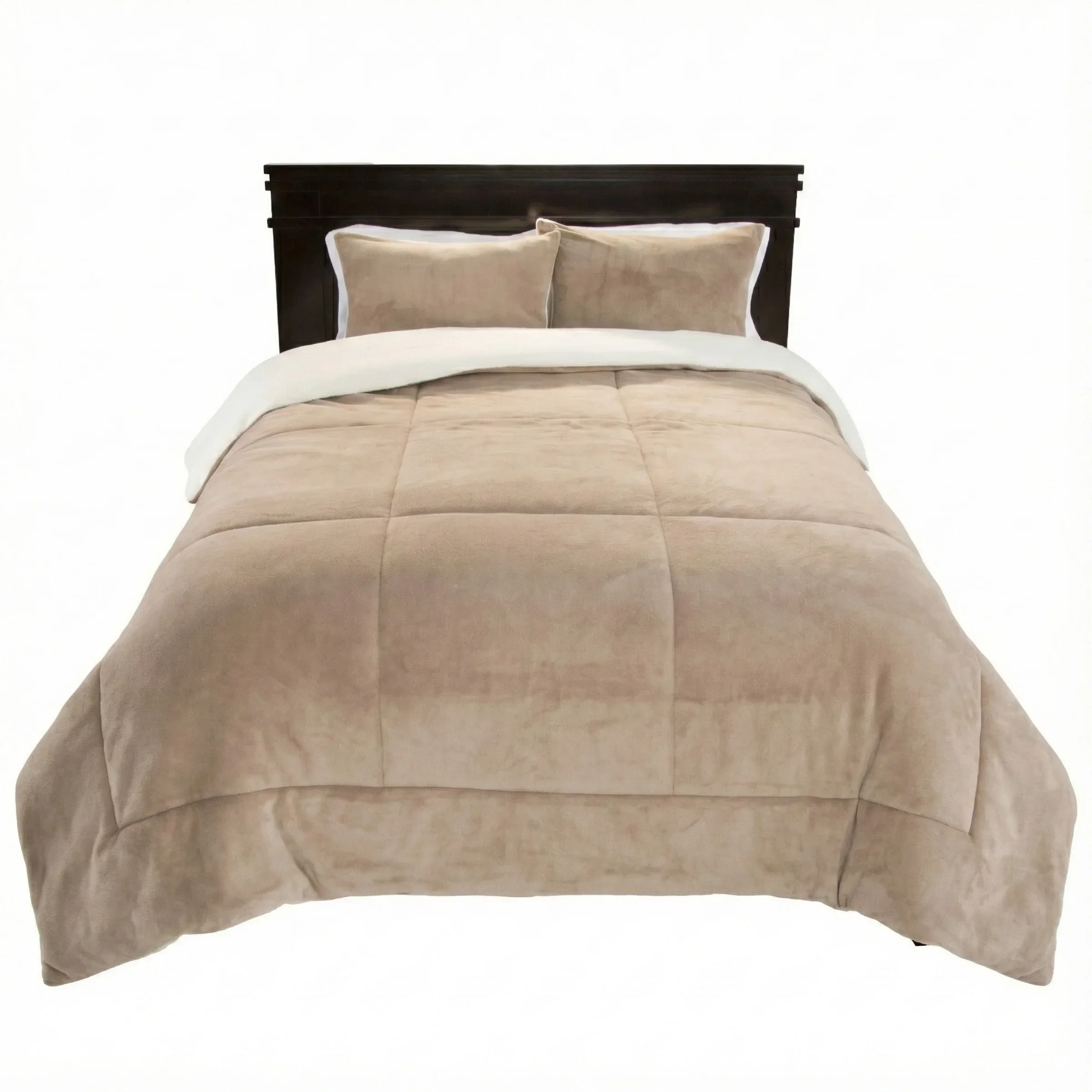 Full/Queen Comforter Set - 3-Piece Sherpa and Fleece Bedspread with Pillow Shams Bedding Comforter Set, Taupe