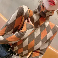 Vintage Turtleneck Geometric Bottoming Shirt Women Autumn Winter Fashion Loose Sweater Simplicity Office Lady Knitwear Tops