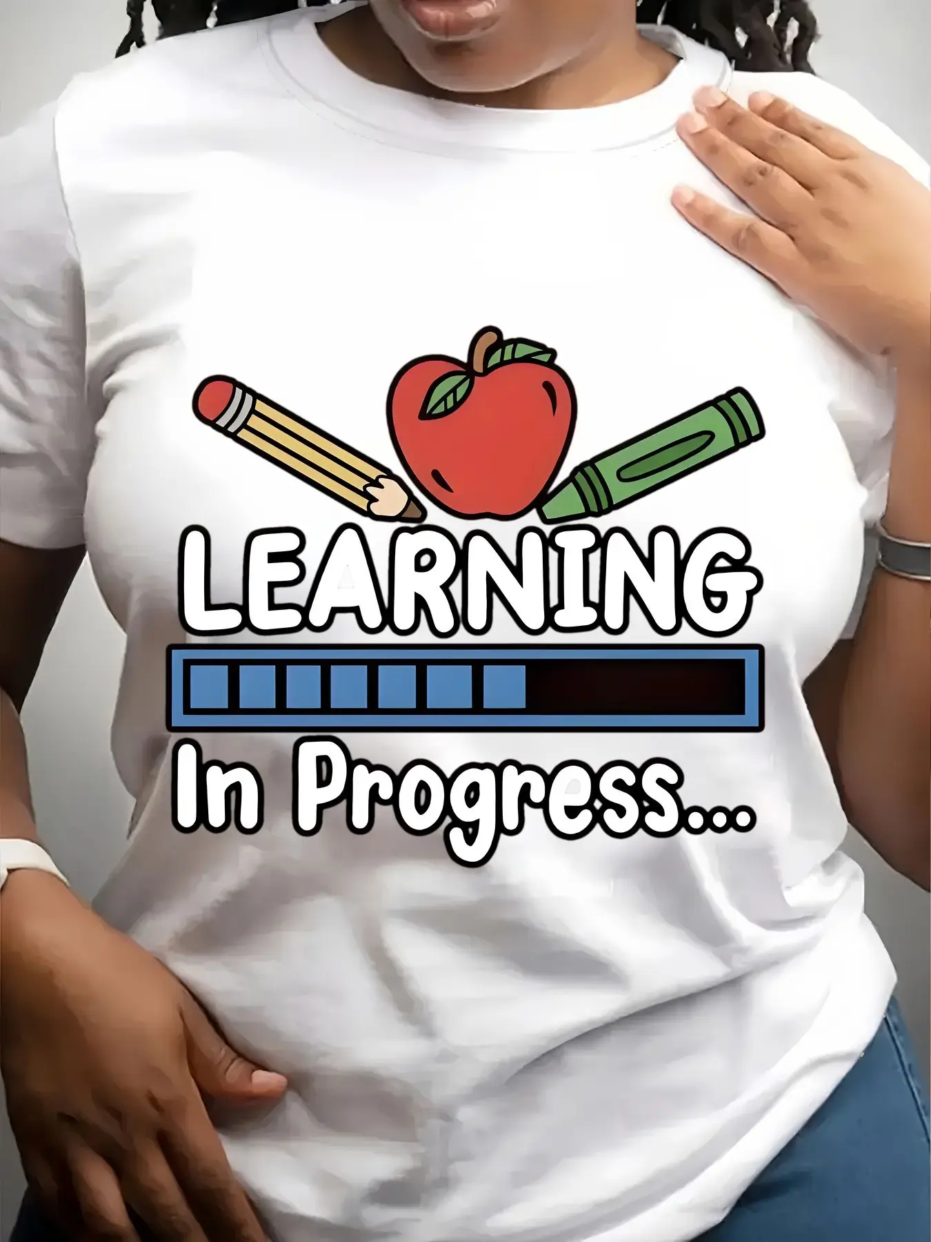 Women's Trendy Crew Neck T-Shirt Learning in Progress Apple Pencil Suitable for Casual Sportswear