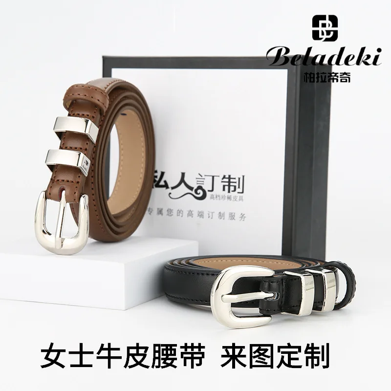 Korean style small belt, cowhide thin belt, women's simple and versatile silver buckle metal ring, Korean new dress accessories