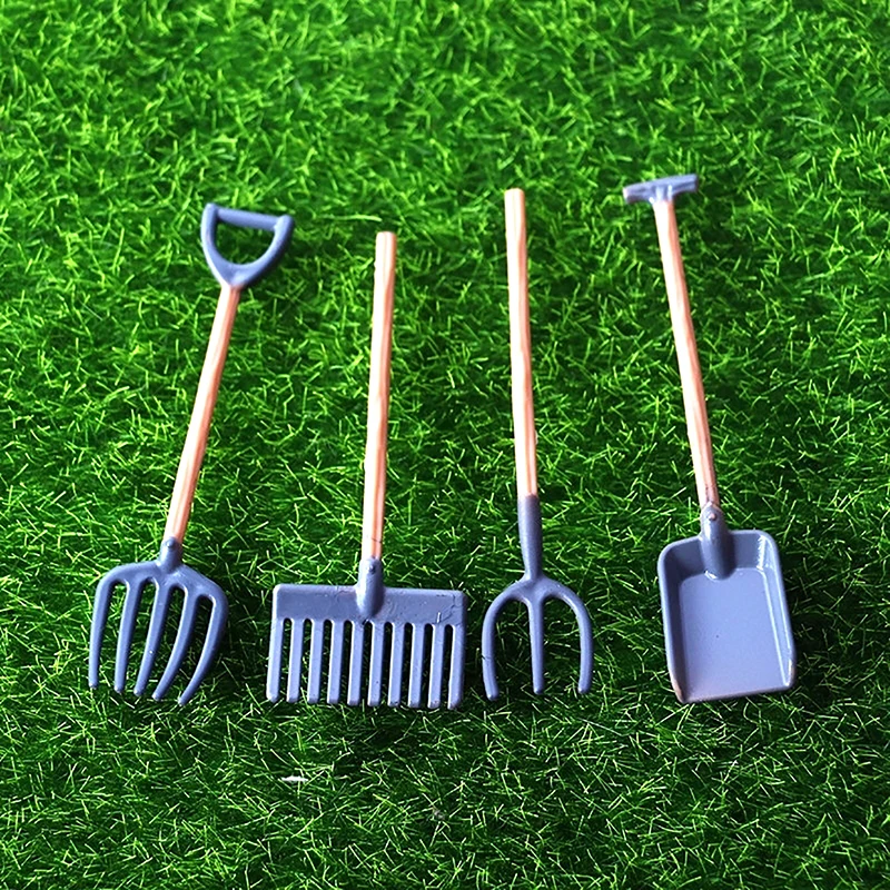 4Pcs 1:12 Dollhouse Miniature Gardening Tools Shovel Rake Hoes Model Farm Decor Toy Doll House Accessories