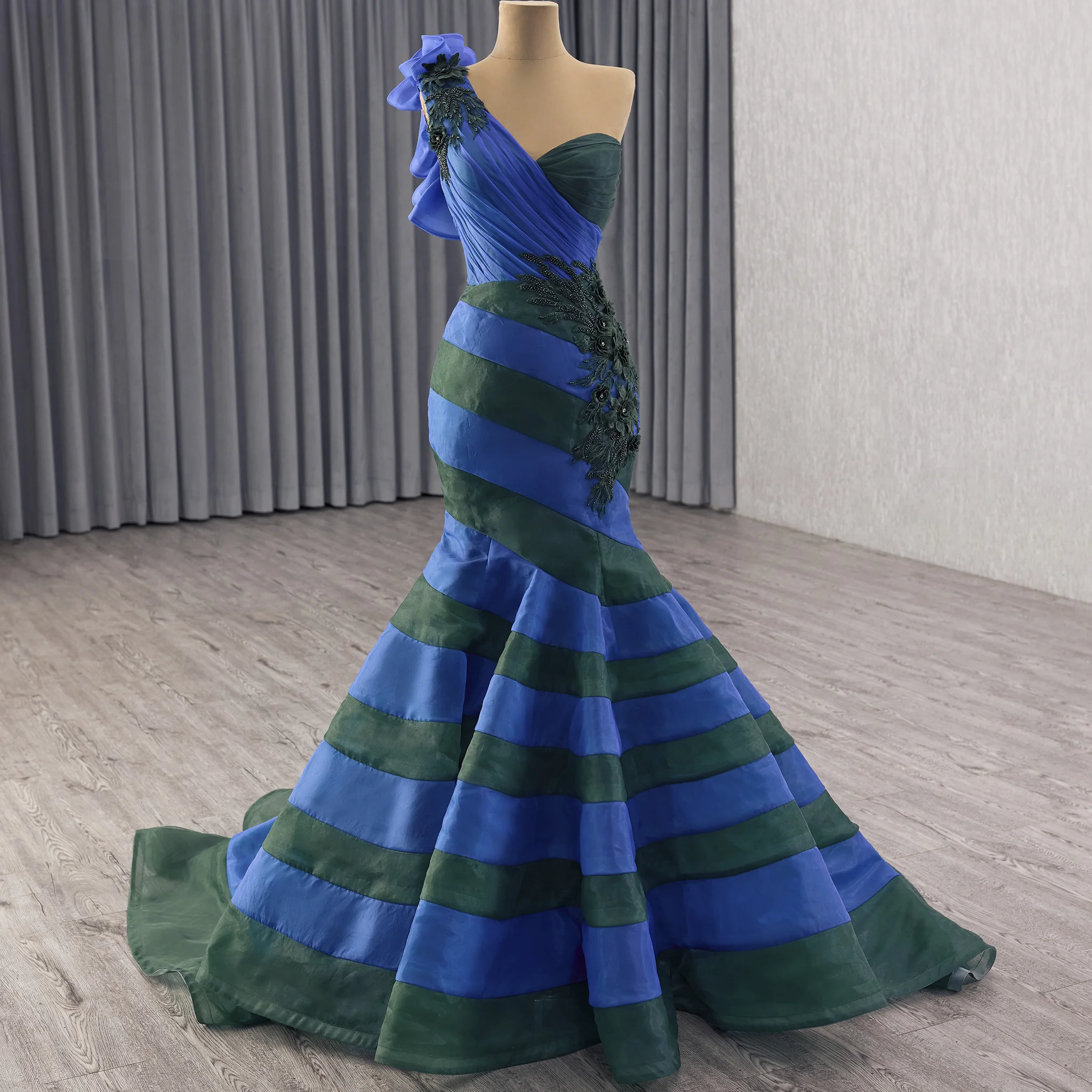 

Rosymae Women's One-Shoulder Mermaid Prom Dress with Lace Appliqués And Sparkling 3D Flowers for Formal Party Gown