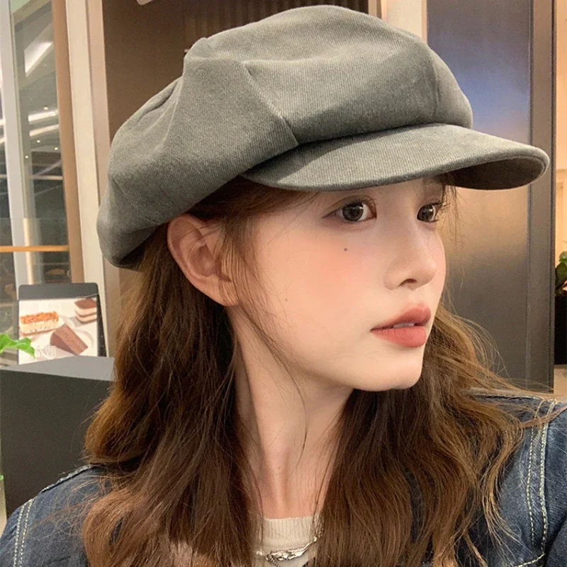 INS Metal Patches Newsboy Beret Caps for Women Octagonal Cap Pure Color Adjustable Rope Baker Boy Painter Hat Boinas Para Hombre