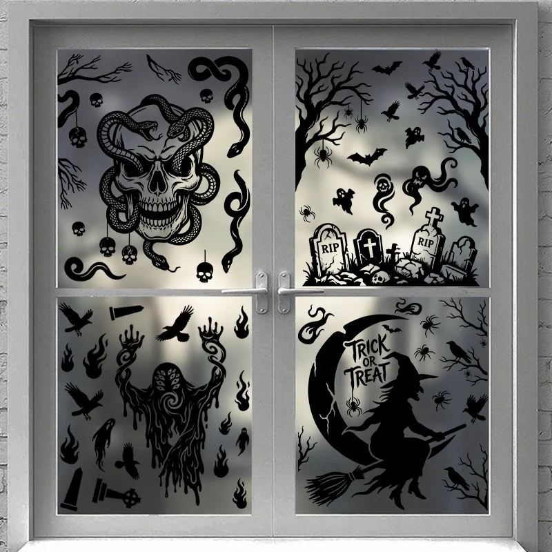 6 Sheets Halloween Witch Ghost Grim Reaper Pumpkin Snake Skull Static Window Clings, Glass Door Showcase Holiday Decor Stickers
