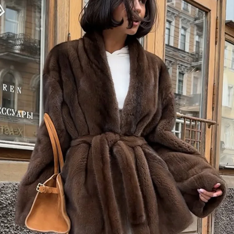 Women Fashion Elegant Lace Up Faux Fur Jacket Plush V-neck Long Sleeve Loose Warm Jackets Lady 2025 Winter Commute Street Coats