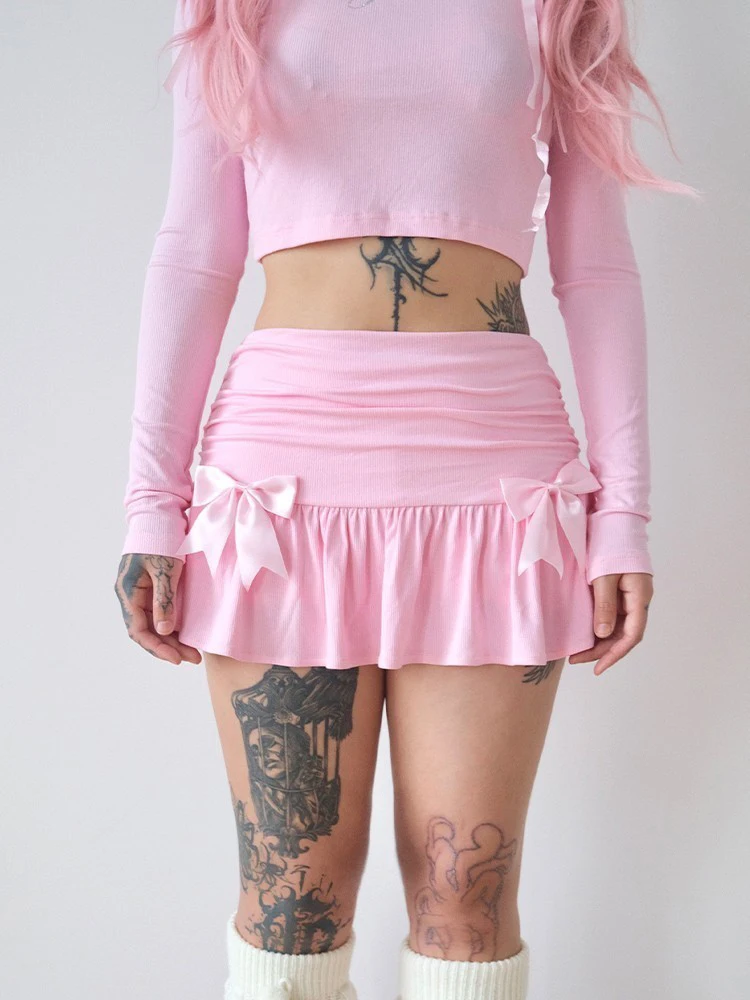 

AryTasbabe Original Pink Bowknot Autumn Winter Knitted Ballet Sle f Skirt Pleated ort Skirt Sweet Pure Color Cotton