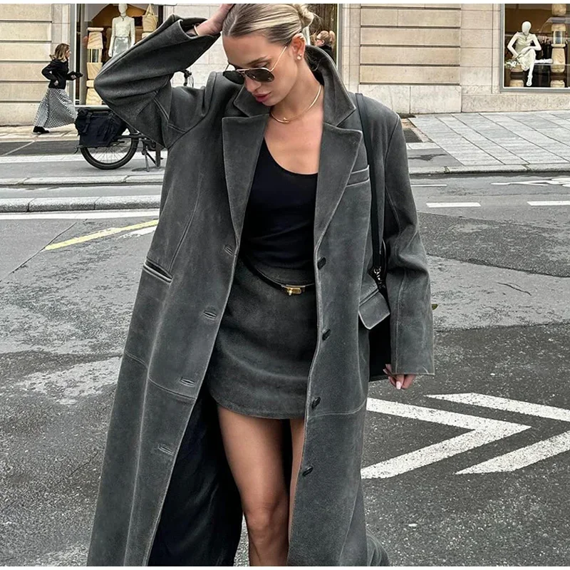 

Vintage Leather Coat Women Casual Lapel Single Breasted Long Windbreaker Fashion Warm High Street Clothing 2025Autumn Winter New