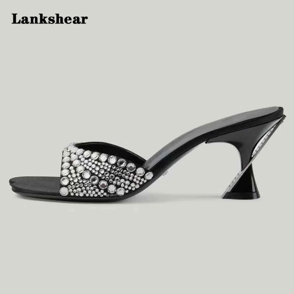 Rhinestone Irregular Heel Slipper Women Shoes Black Casual High-Heeled Outdoor Genuine Leather Shoes Women High Quality Sandals