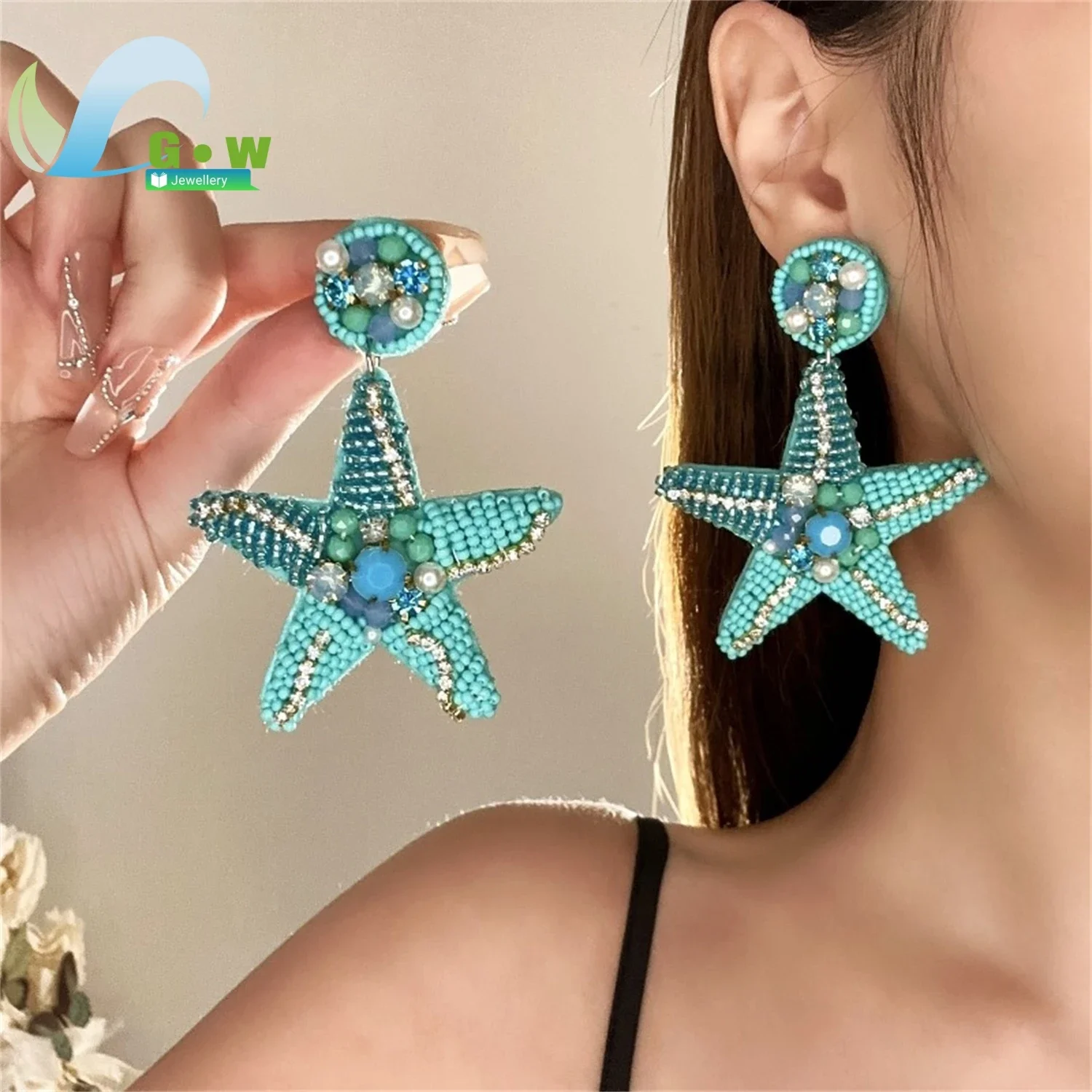 Cross Border Hot Sale Womens Summer Beach Vacation Hand Woven Starfish Rice Pearl Earrings Fashion Jewelry Ocean Inspired Stylis