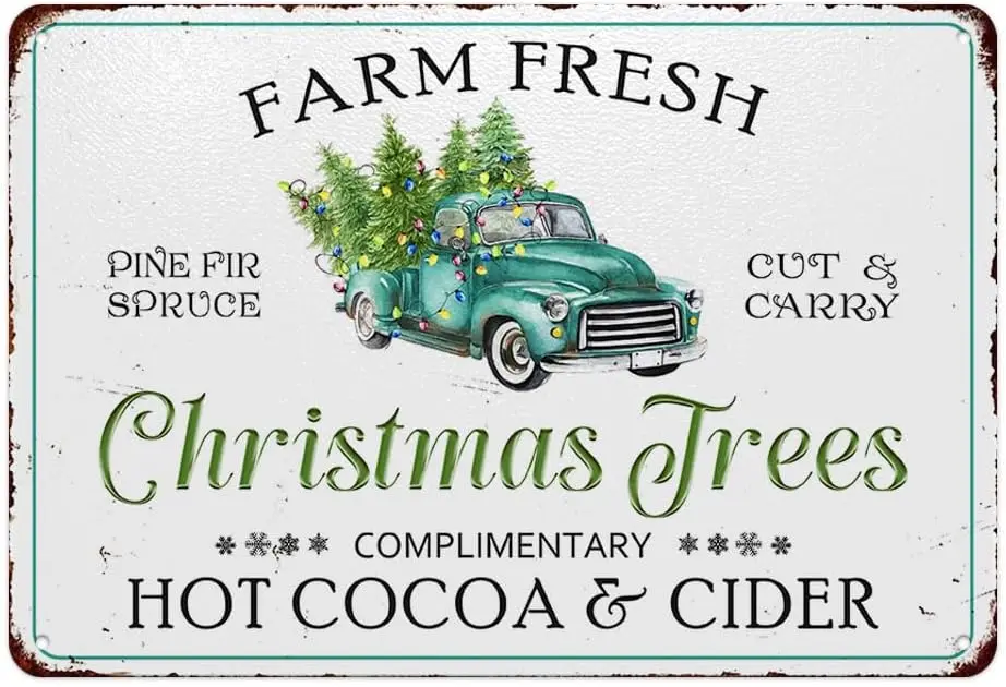 Christmas Tin Sign Tree Poster White Decorations Vintage  Metal Hanging Plaque Art Wall Decor for Home Farmhouse Coffe