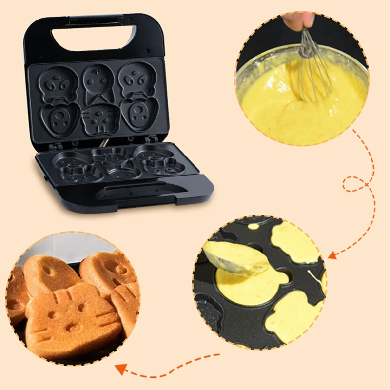 Electric Cookie Maker Household Cartoon Biscuit Machine Mini Scones Breakfast Machine with 6 Pan Griddle for Kids 220V