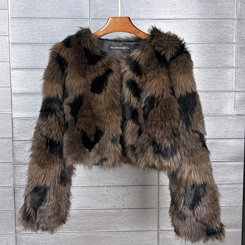 Horn Button Short Faux Fox Fur Coat Women Winter Fluffy Jacket Leopard Print Plush Fur Coat Flip Collar Ffemale Outerwear 2024