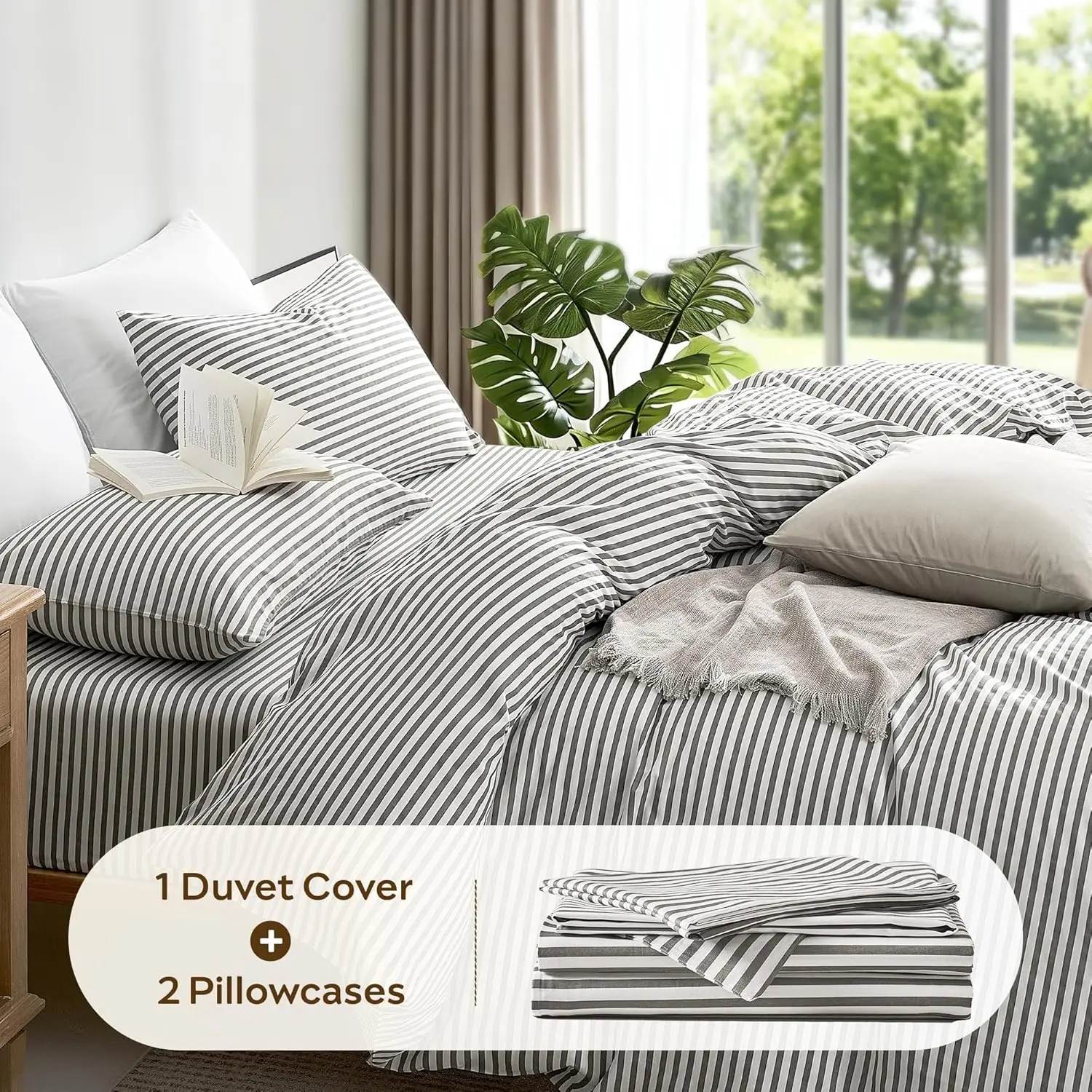 Set Copripiumino Queen 100% Cotone Naturale con Motivo a Righe, Cerniera e Lacci agli Angoli, Include Federe