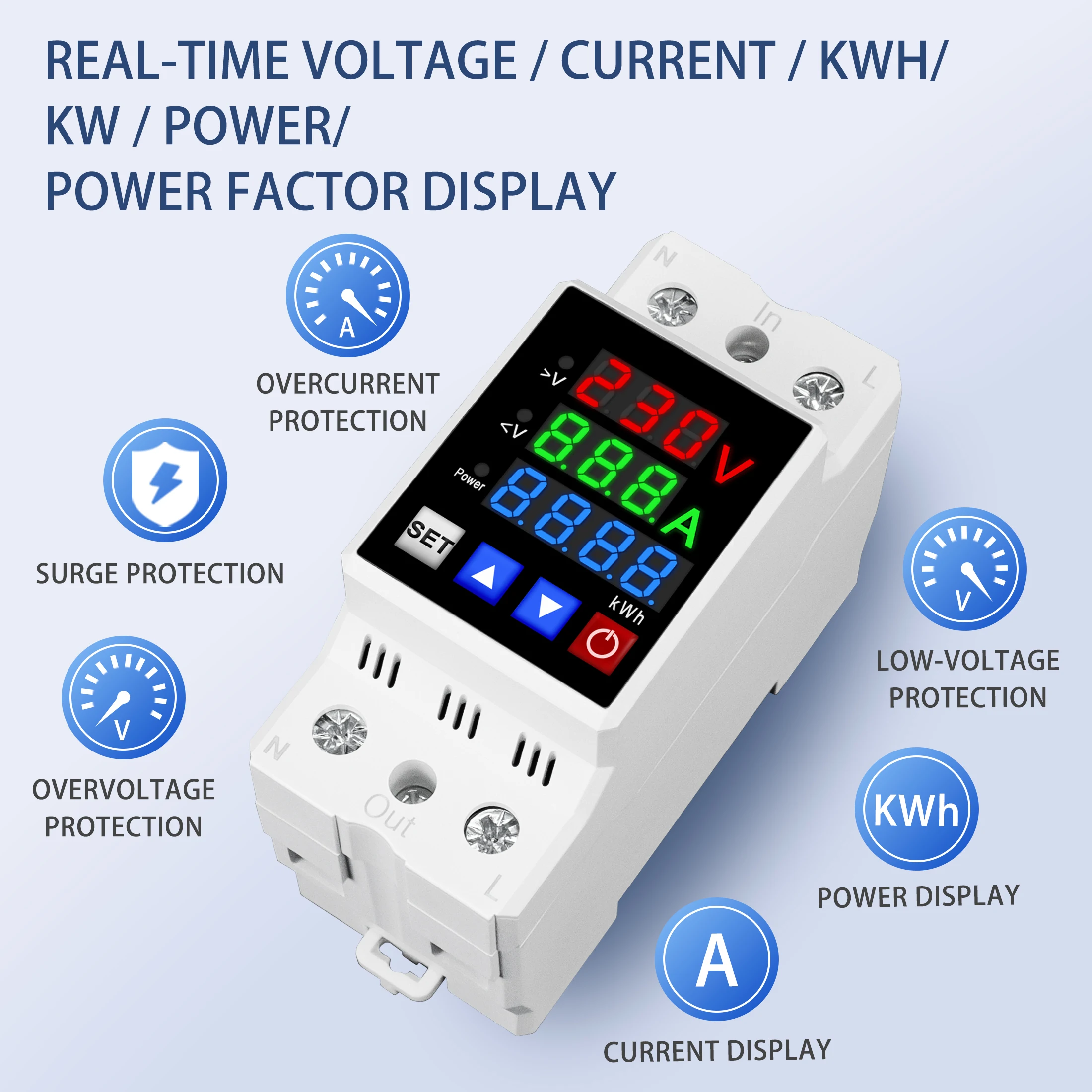 40A 63A 230V Din Rail Adjustable Over Voltage And Under Voltage Protective Device Protector Relay With Over Current Protection