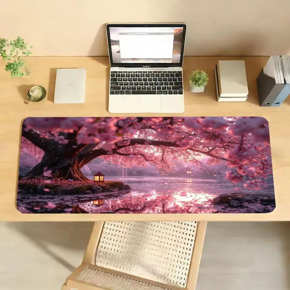 Large Cherry Blossom Night Sky Mouse Pad, Dream Purple Moon Landscape Art Pattern Non‑Slip Rubber Extended Desk Mat