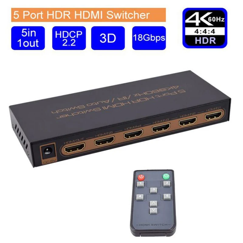 

5x1 HDR HDMI 2.0 Switcher Selector Box with IR Remote Support Auto Switch CEC HDCP2.2 18Gbps 3D, Compatible with PS5,Stick TV