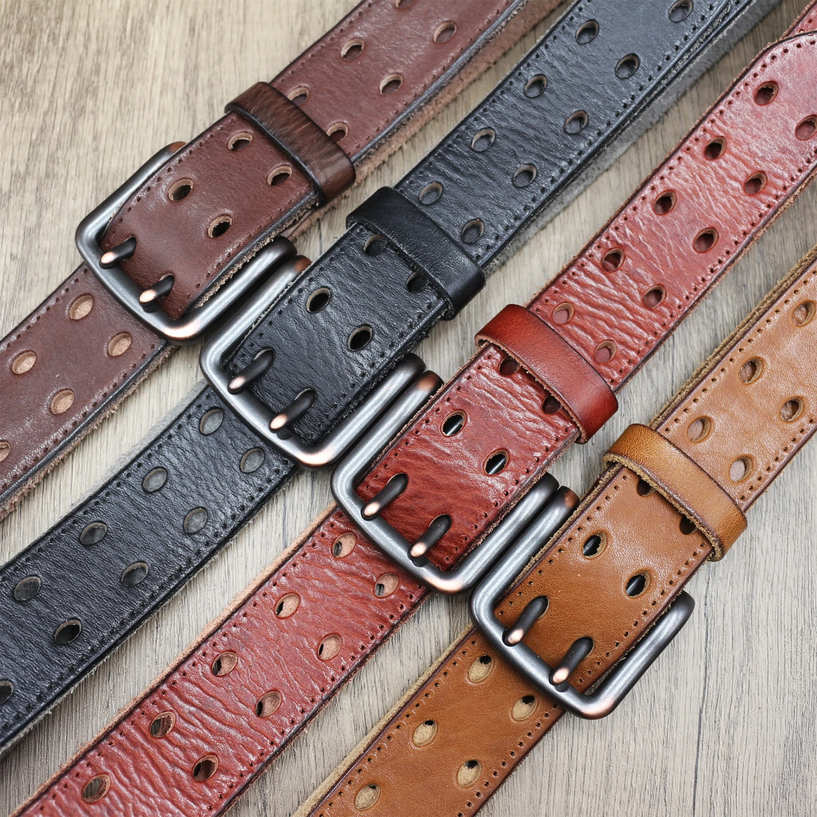 

All the holes on the belt Double pin buckle Handmade Extra Thick Cowhide Men's Belt Vintage Genuine Leather Jean Motorcycle Belt