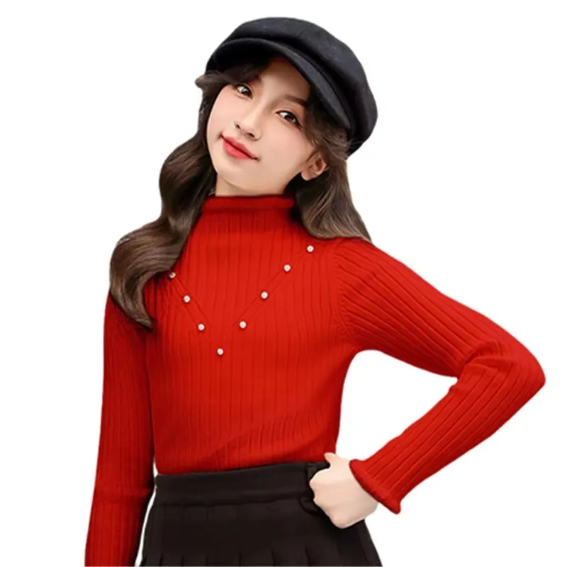 

Brief Stylish Kids Knitted Sweater With Pearl For Girls Slim Fit Casual Knitwear Child Turtleneck Pullover Clothing High Quality