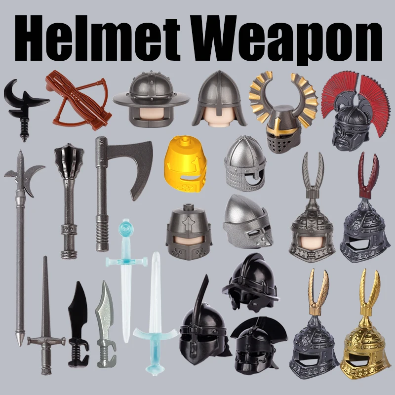 Medieval Castle Knights Helmet Figures Building Blocks Military War Soldiers Weapons Sword Sabre MOC Accessory Bricks Kids Toys