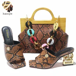 Dress Party Sandals Matching Sneakskin Pattern Handbag Open Square Toe Chunky Heels With Wooden Handle Bag Shoes And Bag Set