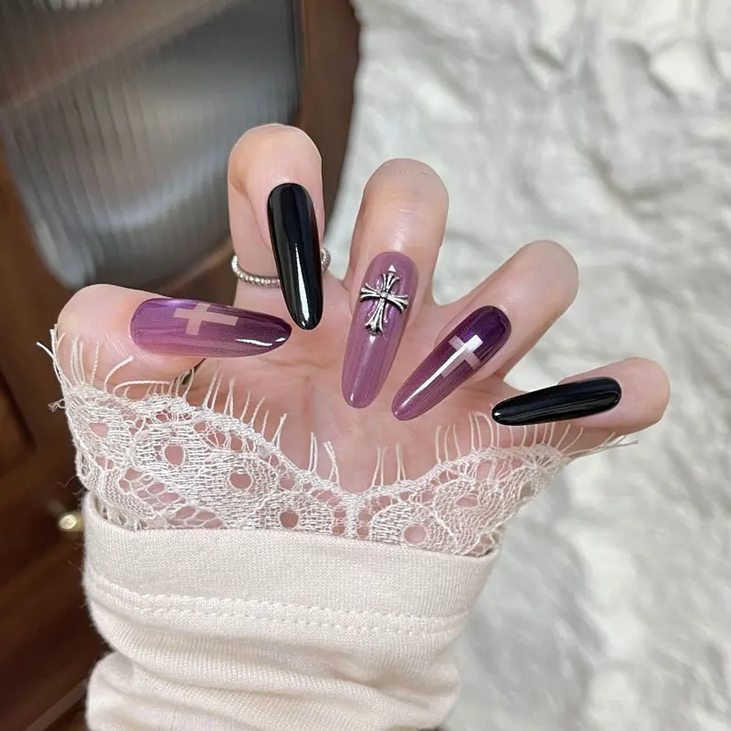 10Pcs Women Gentle and Elegant Black Purple Gothic Style Press on Nails Stickers All-Match Detachable Reusable Fake Nails