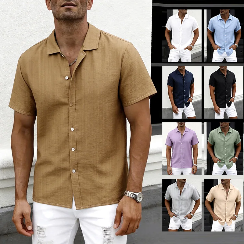 

Light Purple Simple Large Size Collared Short Sleeve Men's Shirt Summer Thin Breathable Cotton Linen Trendy Super Size Top
