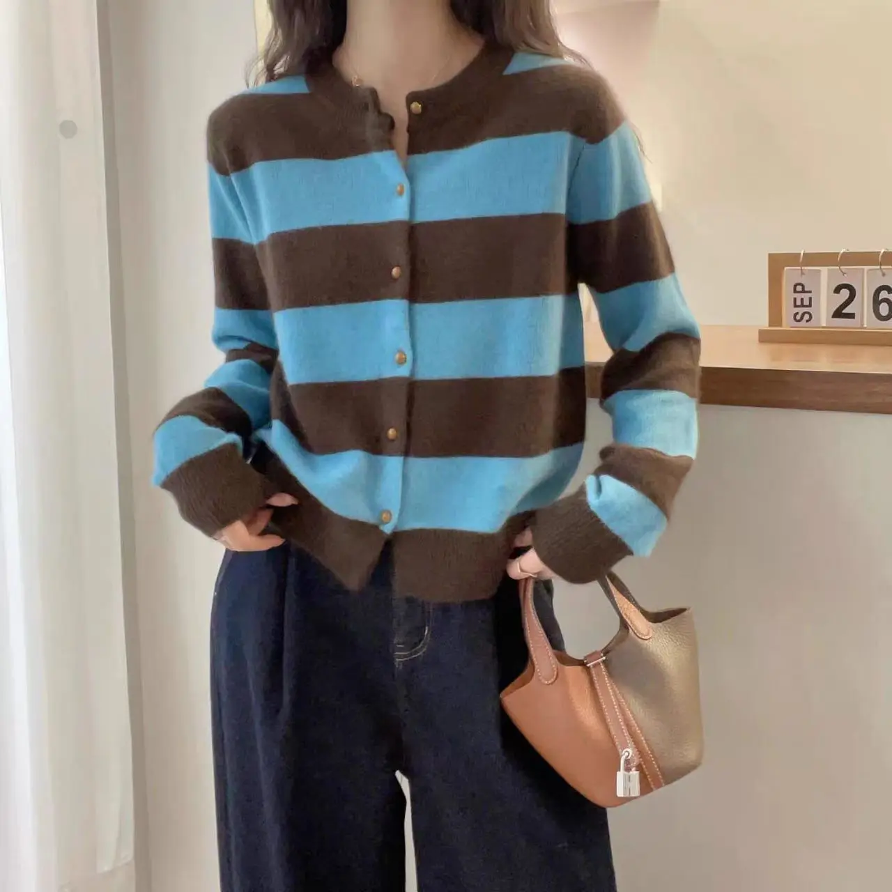 100% pure wool cardigan women's color-matched striped 2026 autumn and winter new European high-end soft knitted sweater jacket