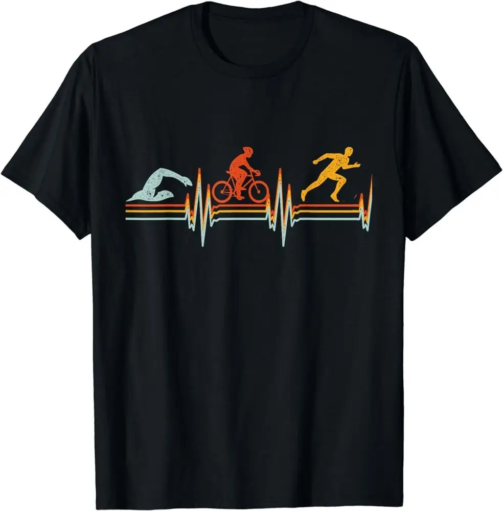 Vintage Triathlon Swim Bike Run Triathlon Heartbeat Gift Unisex T-shirt Oversized Short-sleeved Crewneck Comfy Top