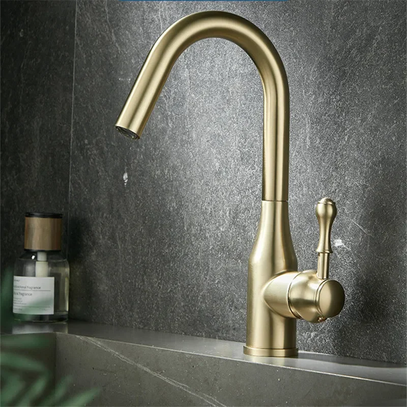 Brushed Gold Bathroom Faucet SUS304 Bathroom Basin  Cold And Hot Water Mixer Sink Tap Single Handle Deck Mounted  Tap