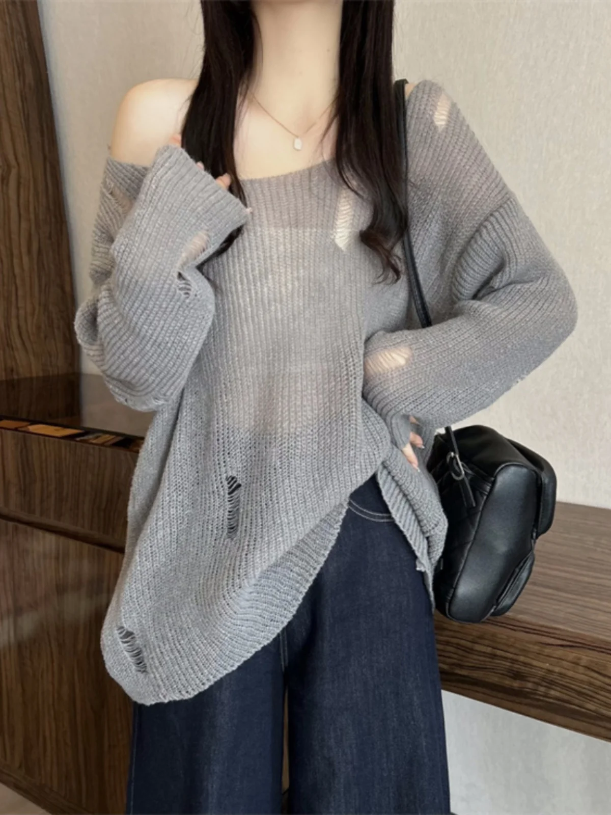 

Женский вязаный свитер больших размеров с вырезами, свободный, длинный, повседневный топ, осенняя верхняя одежда, из полиэфирного волокна