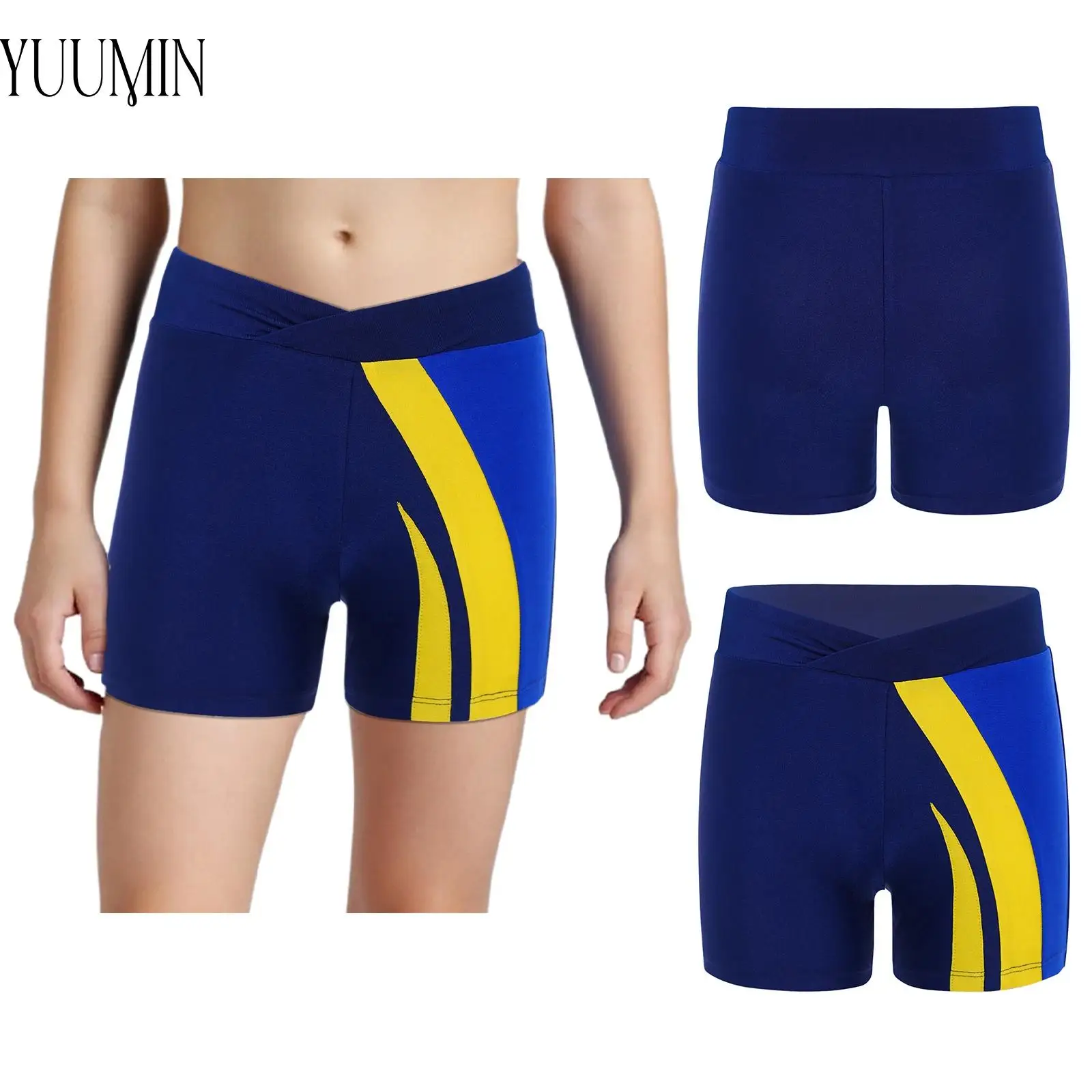 

Детские штаны для гимнастики и танцев для мальчиков, эластичные спортивные шорты для тренировок в тренажерном зале, йоге, спортивные шорты с v-образным вырезом и эластичным поясом спереди, спортивные шорты с цветными блоками