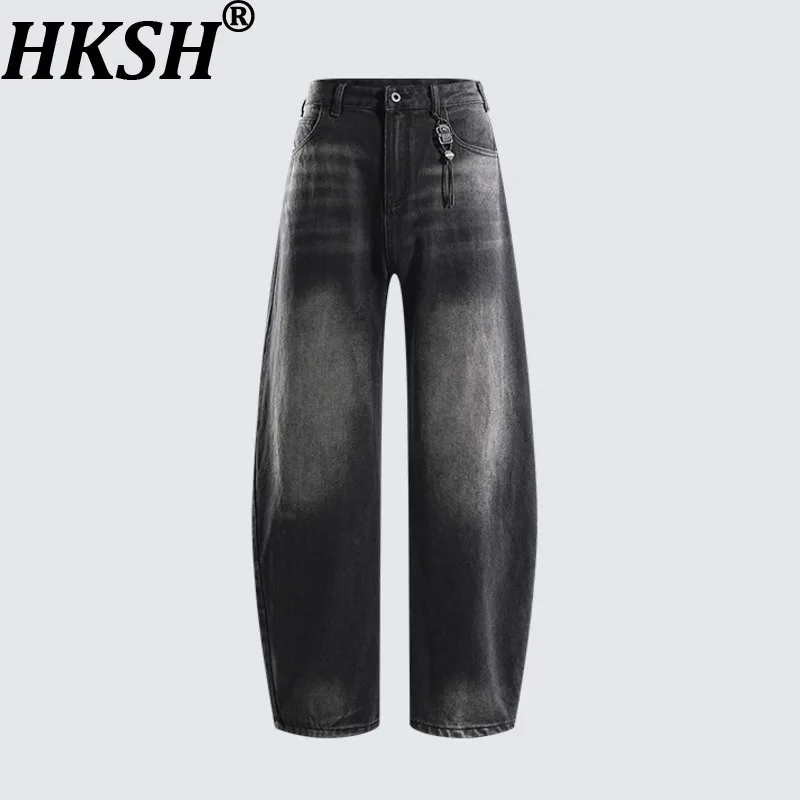 

HKSH Spring Autumn New Men Fashion Washed Distressed Loose Straight Jeans Trendy High Street Casual Wide Leg Denim Pants HK14364