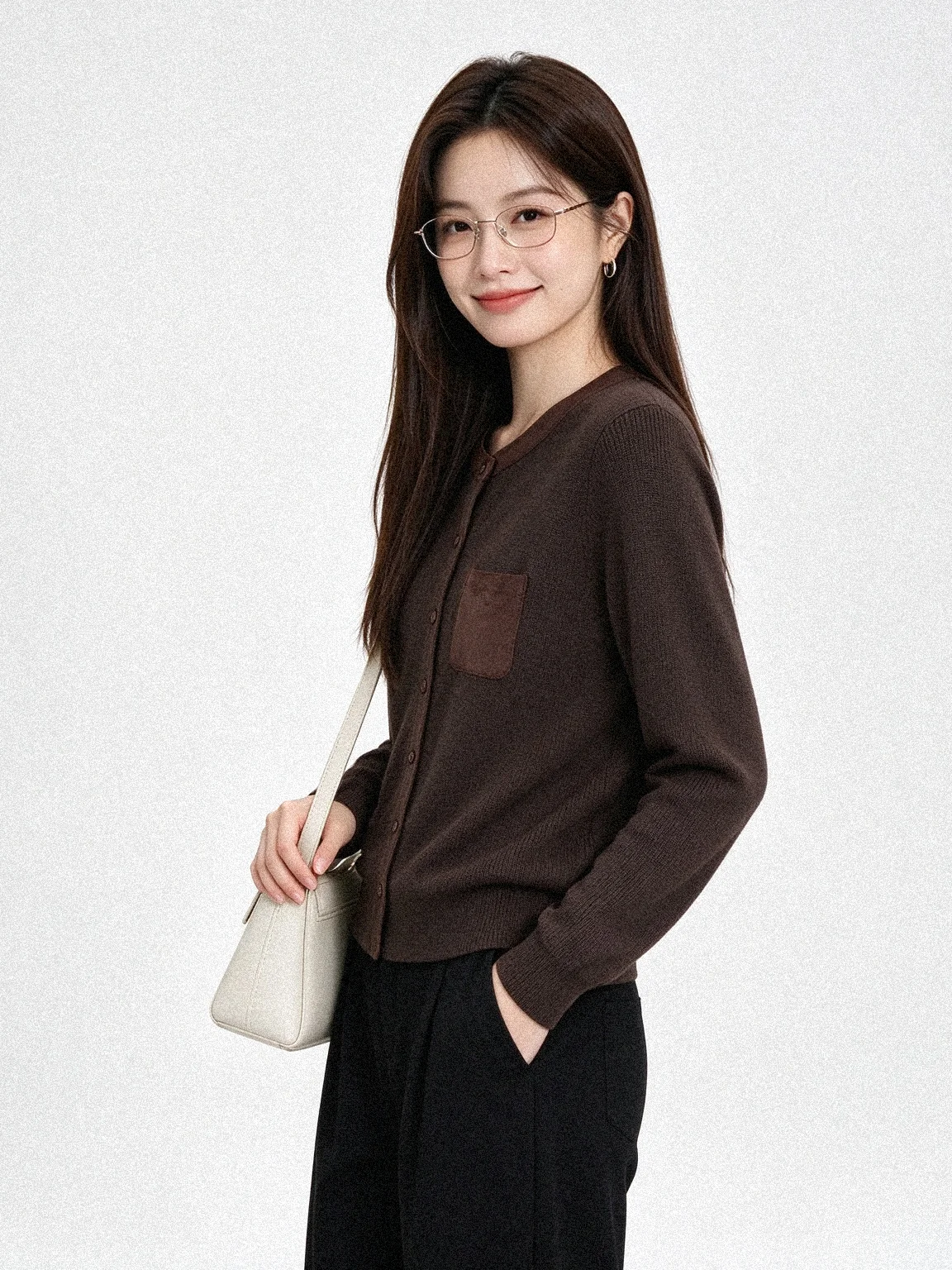 Casual Style Early Autumn New Korean Simple Knitted Open Cardigan Women's Color Block Pocket round Neck Commuting Versatile L...